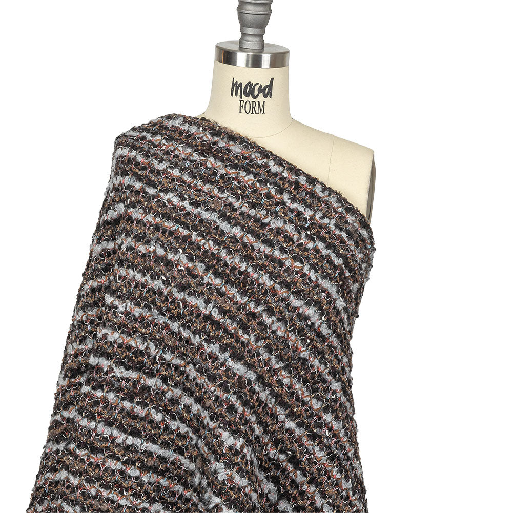 Italian Gray, Black and Brown Striped Boucle Blended Wool Sweater Knit Drape Italian Gray, Black and Brown Striped Boucle Blended Wool Sweater Knit Drape