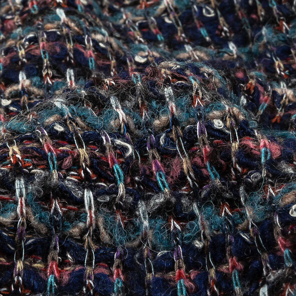 Pink, Dusty Teal and Navy Striped Boucle Blended Wool Sweater Knit Detail Pink, Dusty Teal and Navy Striped Boucle Blended Wool Sweater Knit Detail