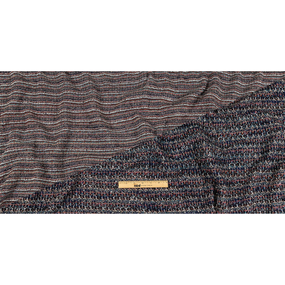 Pink, Dusty Teal and Navy Striped Boucle Blended Wool Sweater Knit Full Pink, Dusty Teal and Navy Striped Boucle Blended Wool Sweater Knit Full