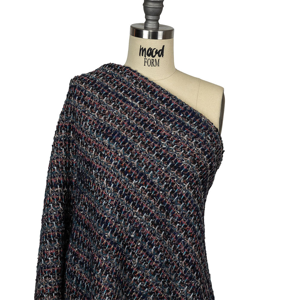 Pink, Dusty Teal and Navy Striped Boucle Blended Wool Sweater Knit Drape Pink, Dusty Teal and Navy Striped Boucle Blended Wool Sweater Knit Drape