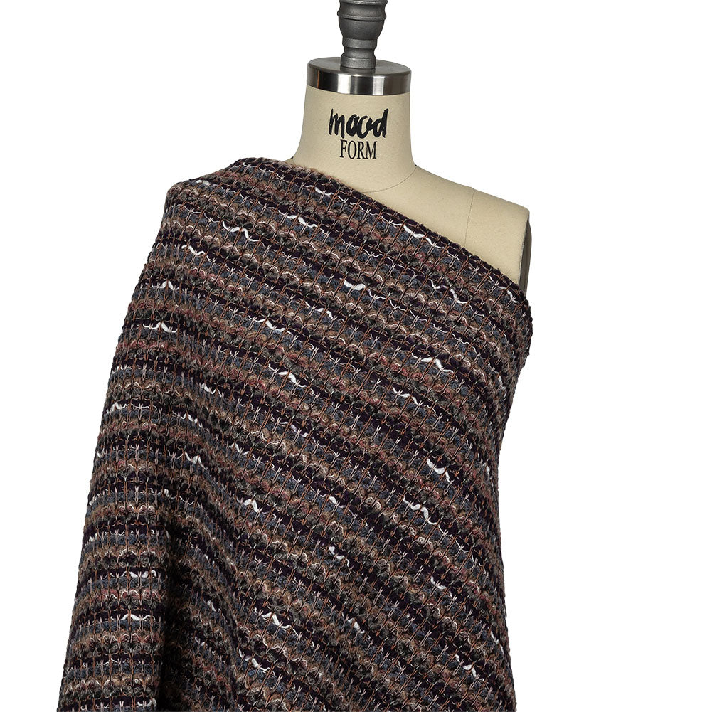 Dusty Blue, Olive and Mysterioso Striped Boucle Blended Wool Sweater Knit Drape Dusty Blue, Olive and Mysterioso Striped Boucle Blended Wool Sweater Knit Drape