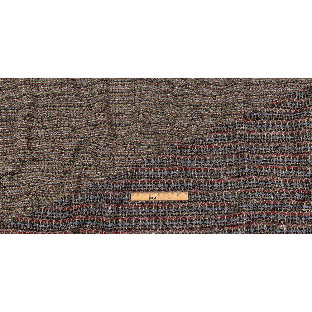 Italian Dusty Blue, Charcoal and Red Striped Boucle Blended Wool Sweater Knit Full Italian Dusty Blue, Charcoal and Red Striped Boucle Blended Wool Sweater Knit Full