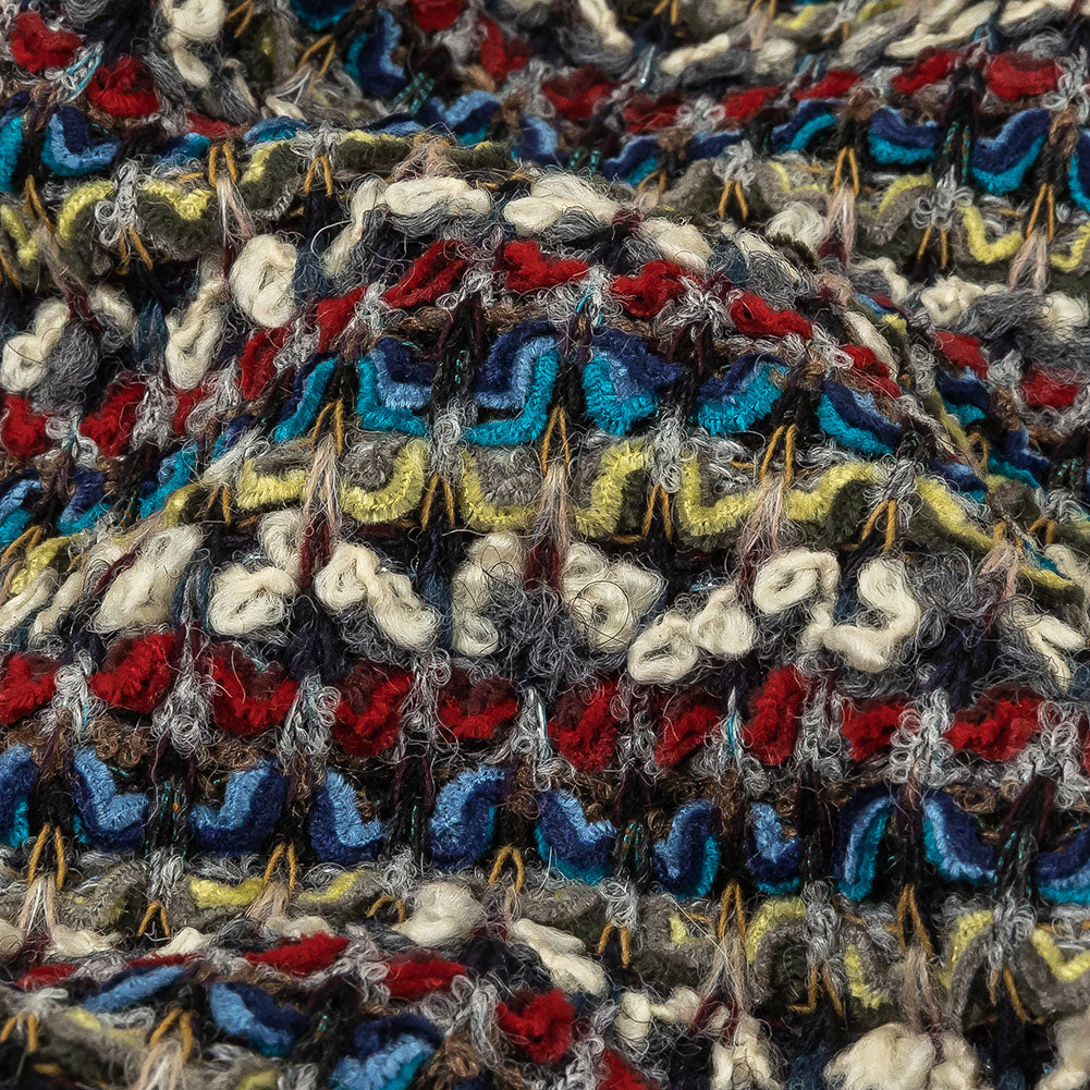 Italian Red, Blue and Sweet Corn Striped Boucle Blended Wool Sweater Knit Detail Italian Red, Blue and Sweet Corn Striped Boucle Blended Wool Sweater Knit Detail