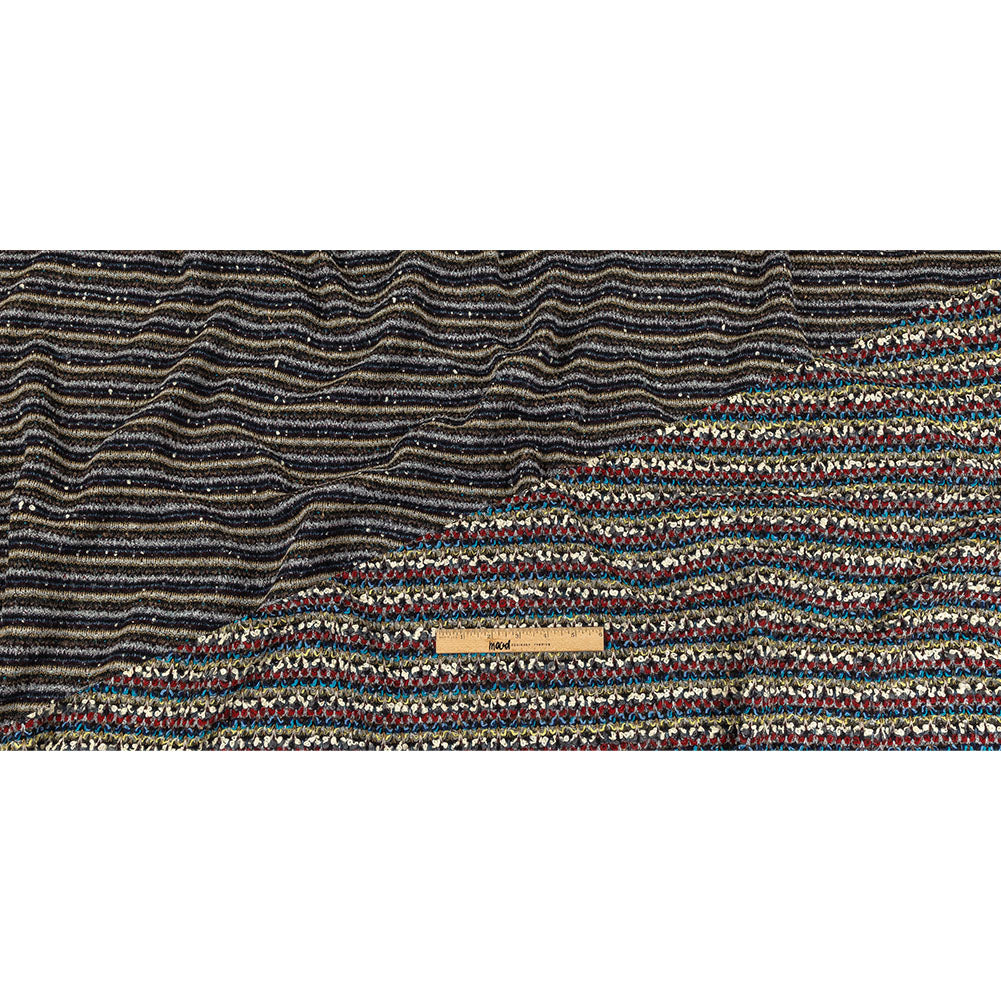 Italian Red, Blue and Sweet Corn Striped Boucle Blended Wool Sweater Knit Full Italian Red, Blue and Sweet Corn Striped Boucle Blended Wool Sweater Knit Full