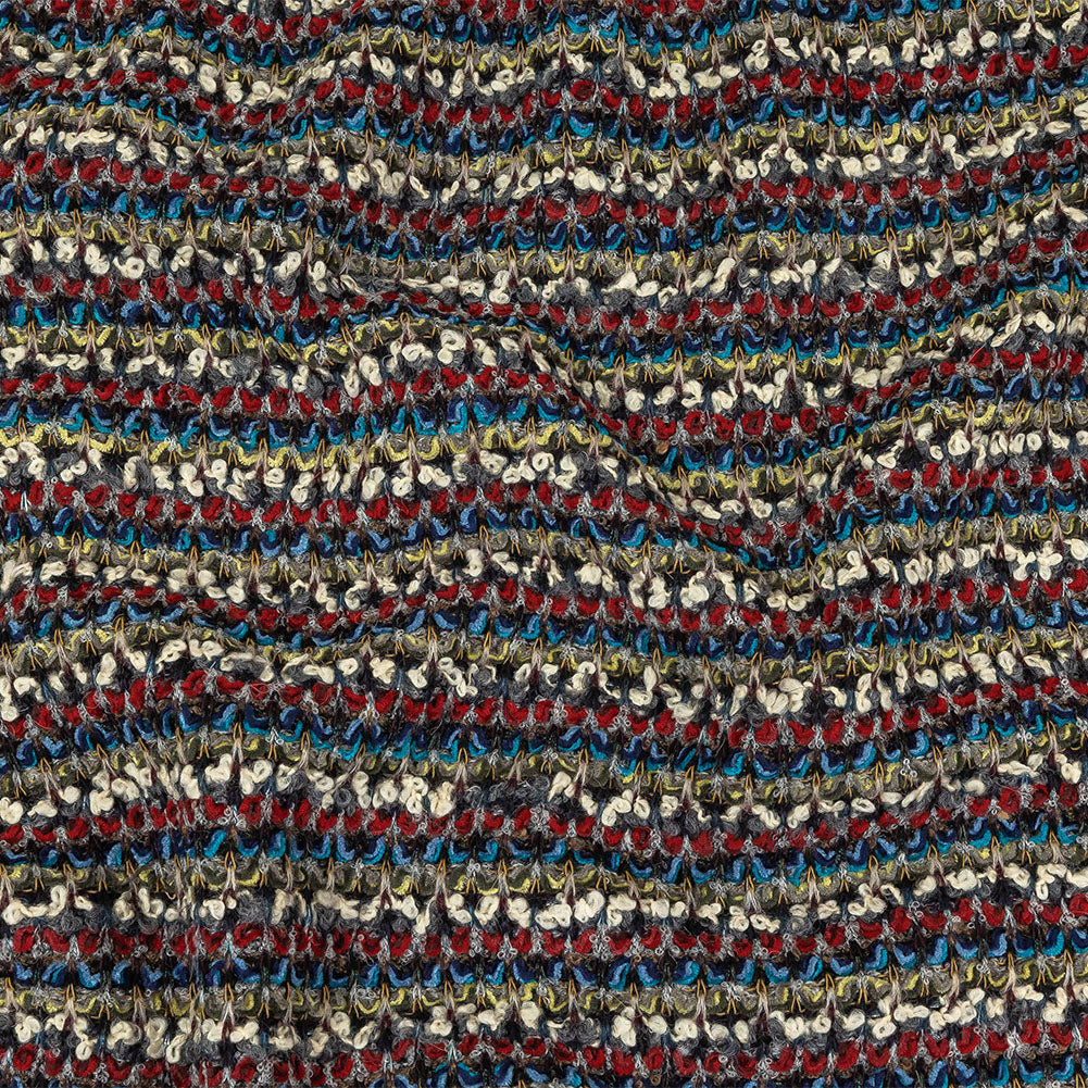 Italian Red, Blue and Sweet Corn Striped Boucle Blended Wool Sweater Knit Italian Red, Blue and Sweet Corn Striped Boucle Blended Wool Sweater Knit