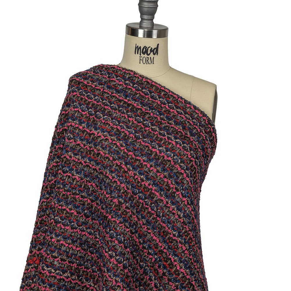 Italian Pink, Blue and Red Striped Boucle Blended Wool Sweater Knit Drape Italian Pink, Blue and Red Striped Boucle Blended Wool Sweater Knit Drape