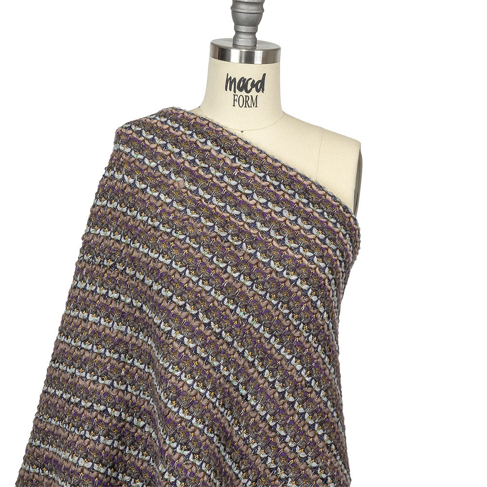 Warm Gray, Grape and Metallic Silver Striped Chunky Blended Wool Sweater Knit Drape Warm Gray, Grape and Metallic Silver Striped Chunky Blended Wool Sweater Knit Drape