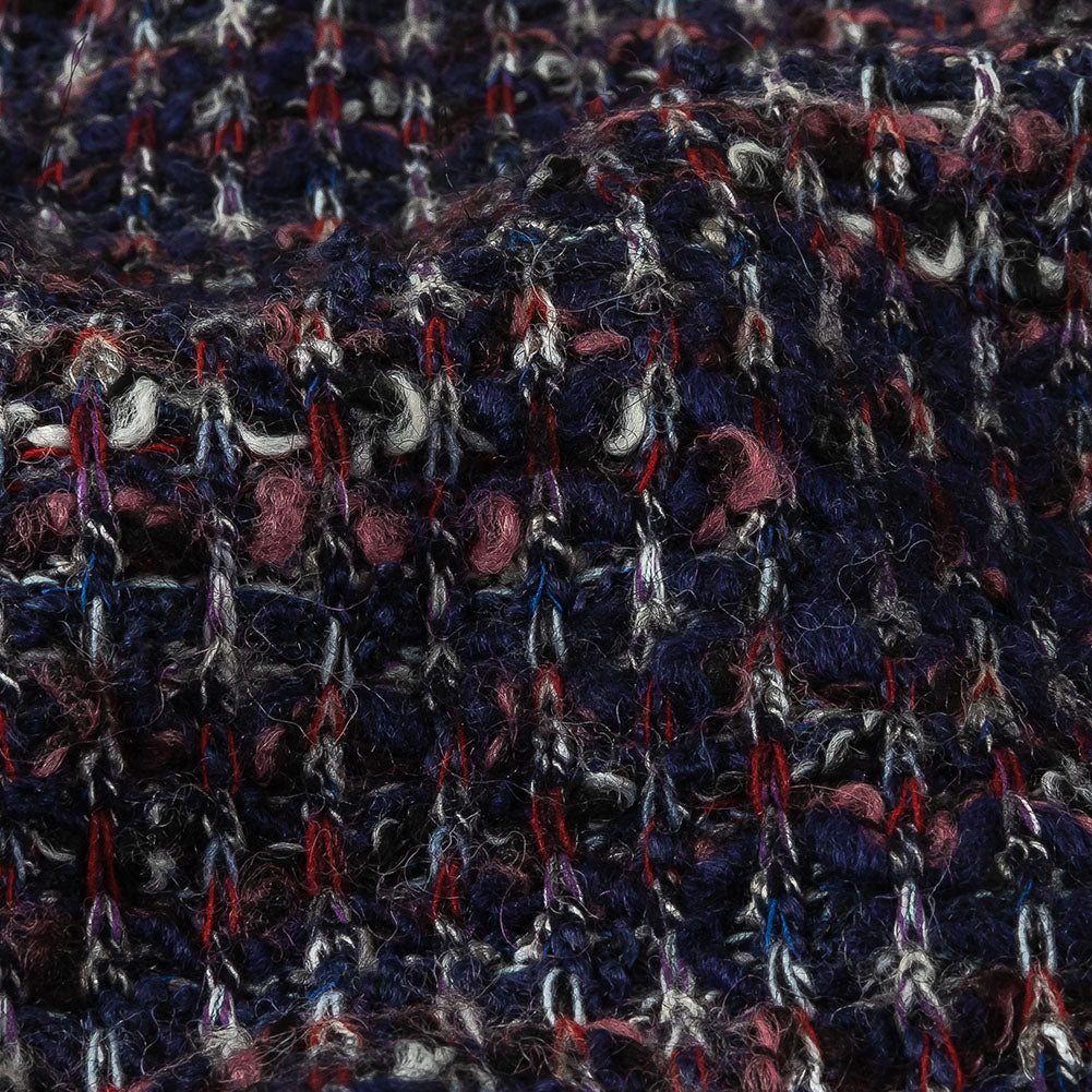 Italian Maritime Blue, Dusty Rose, and Red Striated Boucle Blended Wool Sweater Knit Detail Italian Maritime Blue, Dusty Rose, and Red Striated Boucle Blended Wool Sweater Knit Detail