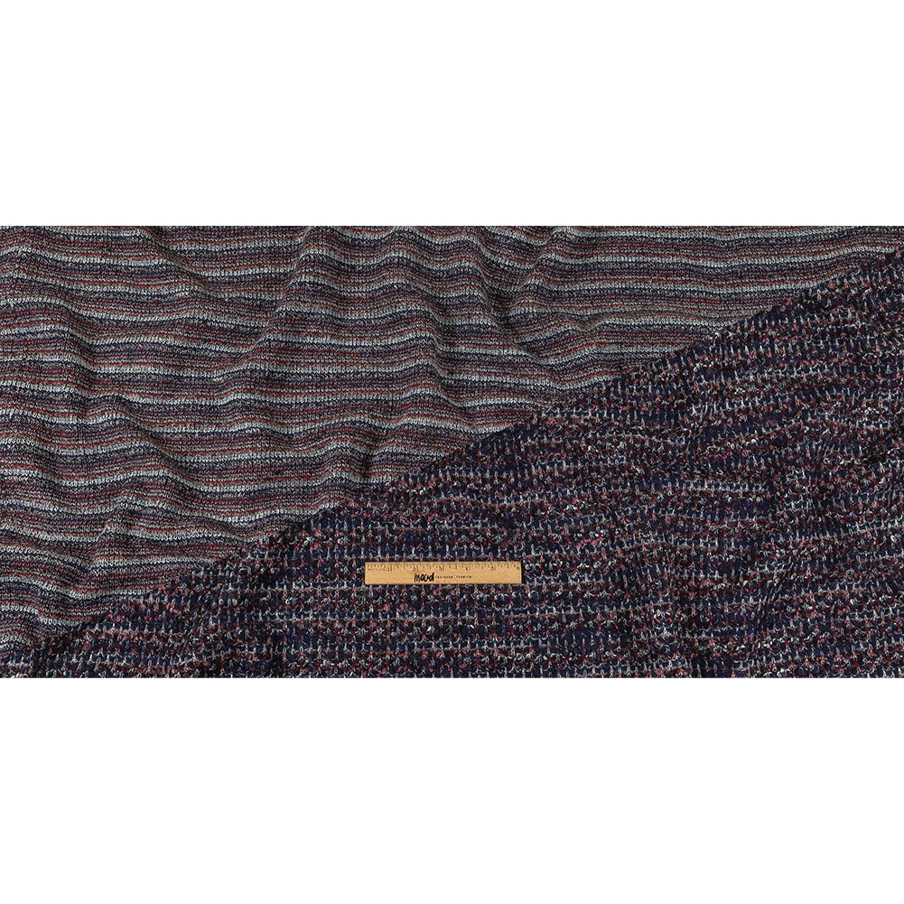 Italian Maritime Blue, Dusty Rose, and Red Striated Boucle Blended Wool Sweater Knit Full Italian Maritime Blue, Dusty Rose, and Red Striated Boucle Blended Wool Sweater Knit Full