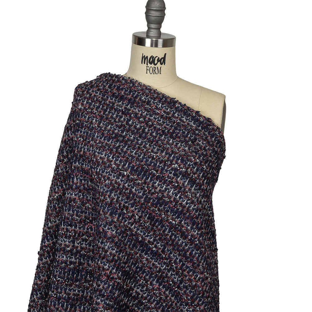 Italian Maritime Blue, Dusty Rose, and Red Striated Boucle Blended Wool Sweater Knit Drape Italian Maritime Blue, Dusty Rose, and Red Striated Boucle Blended Wool Sweater Knit Drape