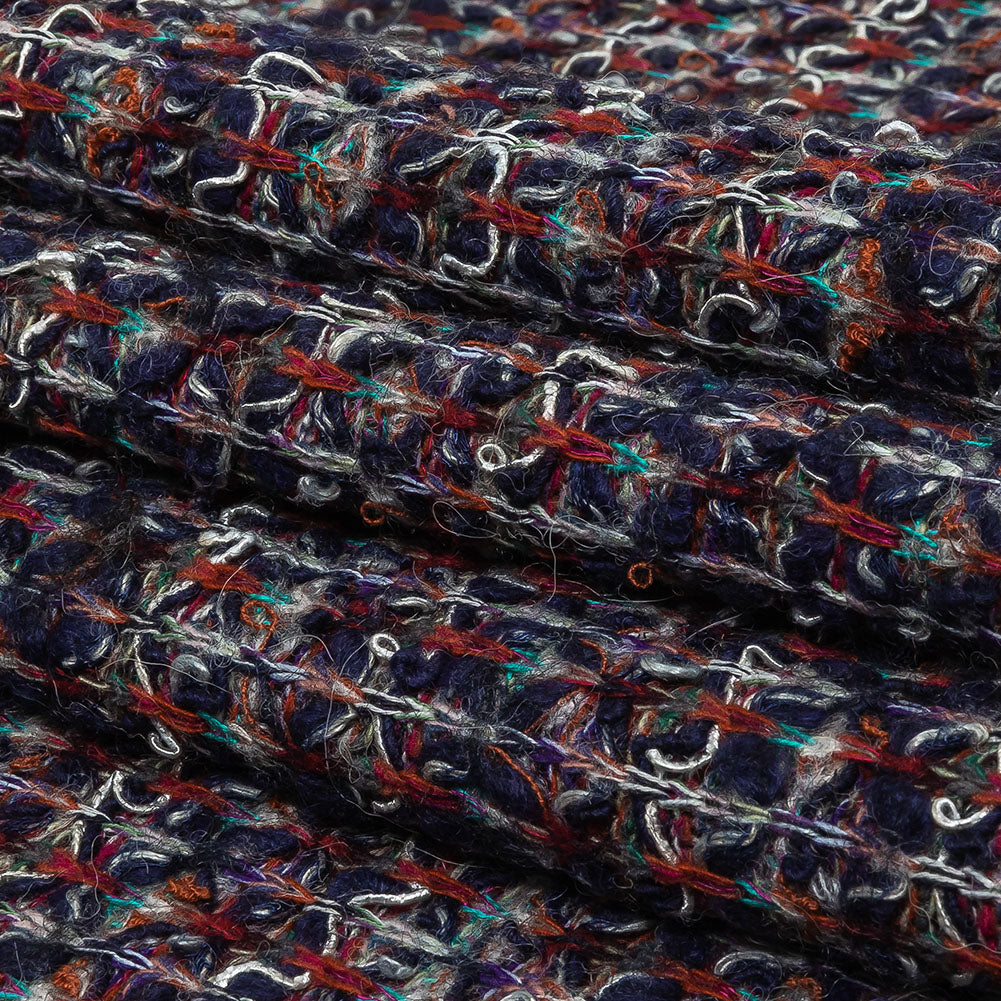 Italian Navy, Red and Orange Striped Boucle Blended Wool Sweater Knit Folded Italian Navy, Red and Orange Striped Boucle Blended Wool Sweater Knit Folded