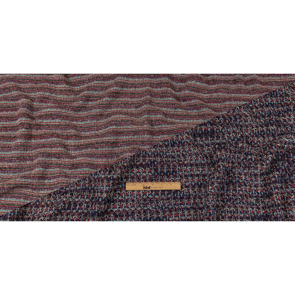 Italian Navy, Red and Orange Striped Boucle Blended Wool Sweater Knit Full Italian Navy, Red and Orange Striped Boucle Blended Wool Sweater Knit Full