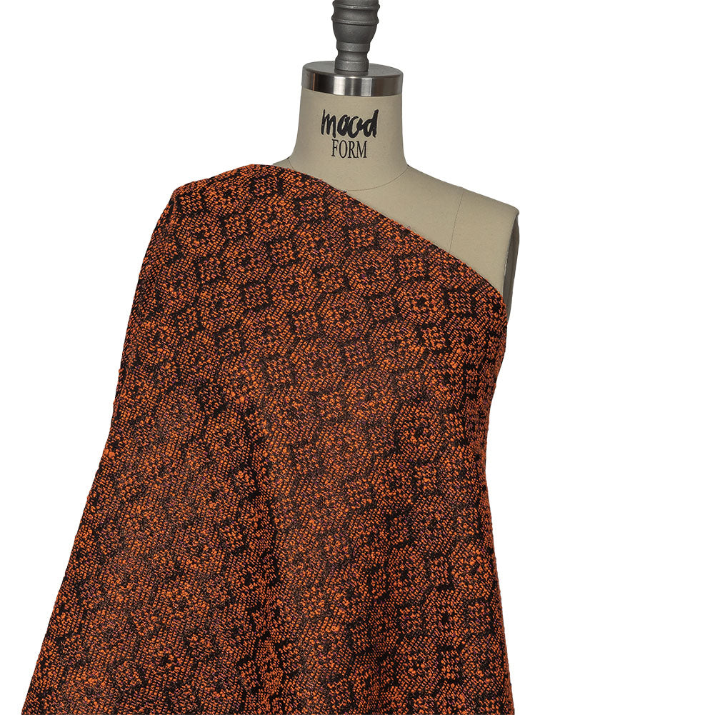 Metallic Gold, Shocking Orange and Black Diamonds Polyester Boucled Jacquard Drape Metallic Gold, Shocking Orange and Black Diamonds Polyester Boucled Jacquard Drape