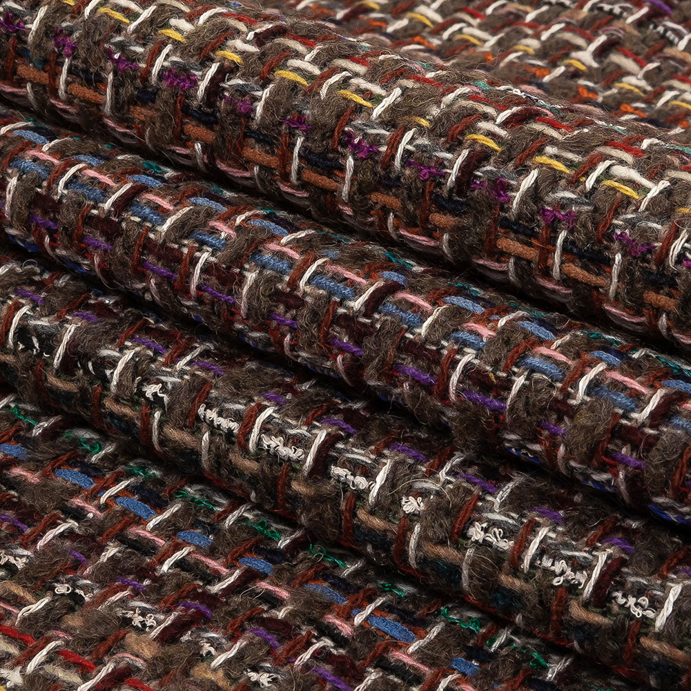 Italian Taupe, Burgundy and Multicolor Tweedy Plaid Blended Wool Woven Folded Italian Taupe, Burgundy and Multicolor Tweedy Plaid Blended Wool Woven Folded