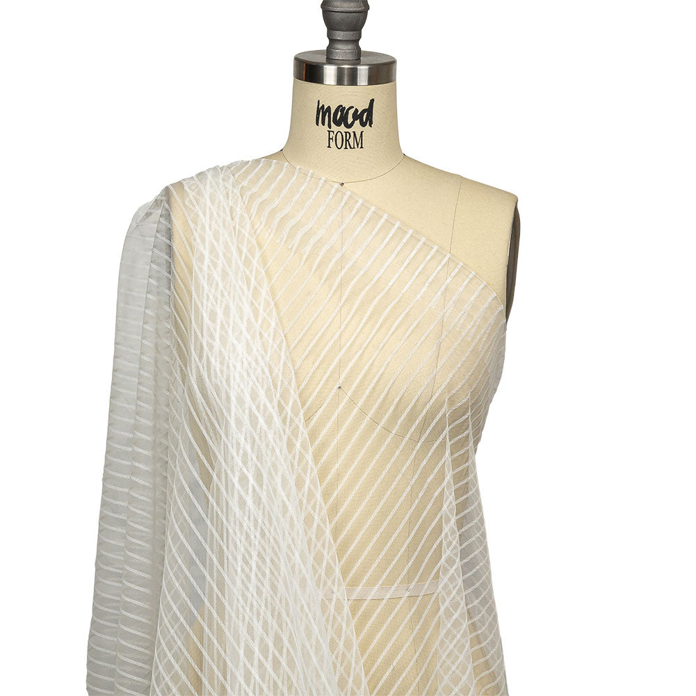 Embroidery Striped Tulle - White - Elsinore Collection - Drape Embroidery Striped Tulle - White - Elsinore Collection - Drape