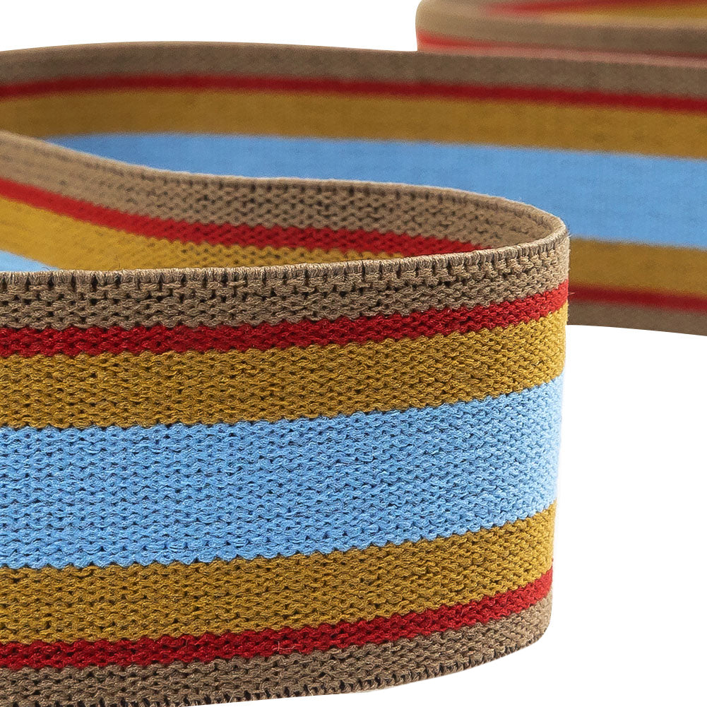 Blue, Cumin and Red Striped Elastic Trim - 1.25" Detail Blue, Cumin and Red Striped Elastic Trim - 1.25" Detail