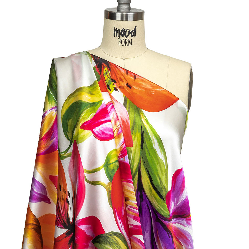 Mood Exclusive Italian Magenta, Orange and Green Lilies Silk Charmeuse - Drape Mood Exclusive Italian Magenta, Orange and Green Lilies Silk Charmeuse - Drape