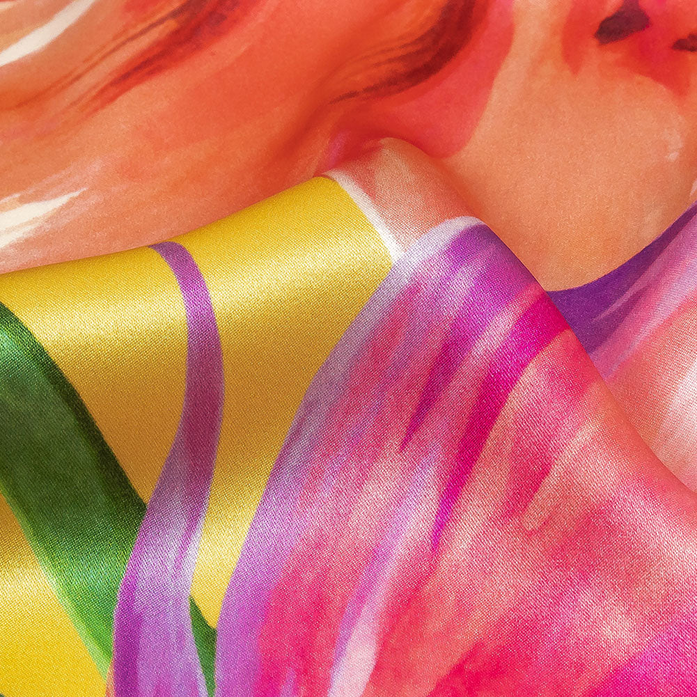Mood Exclusive Italian Purple, Strawberry Pink and Yellow Lilies Silk Charmeuse Mood Exclusive Italian Purple, Strawberry Pink and Yellow Lilies Silk Charmeuse