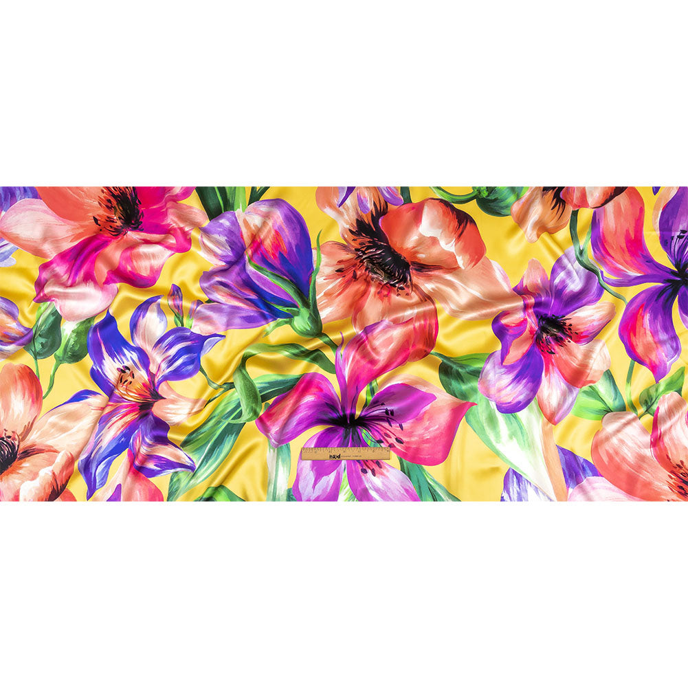 Mood Exclusive Italian Purple, Strawberry Pink and Yellow Lilies Silk Charmeuse Mood Exclusive Italian Purple, Strawberry Pink and Yellow Lilies Silk Charmeuse