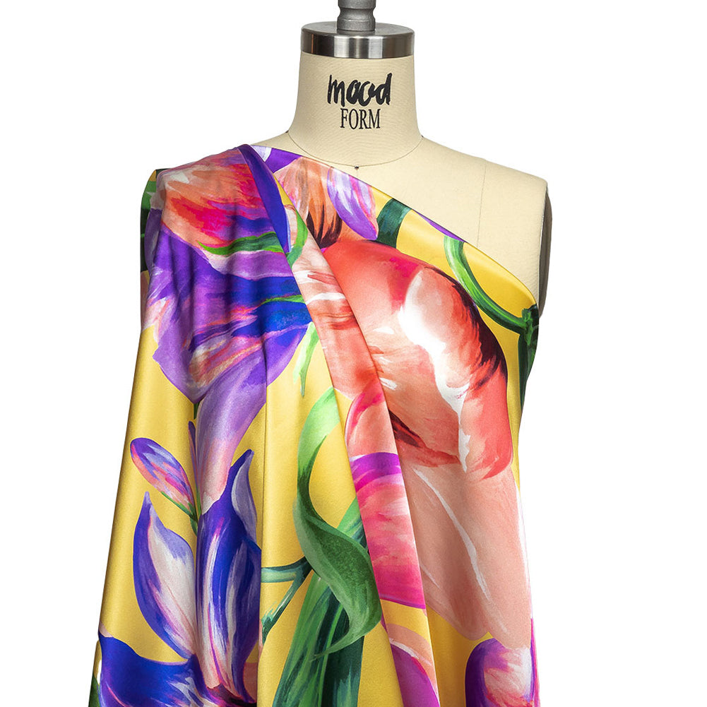 Mood Exclusive Italian Purple, Strawberry Pink and Yellow Lilies Silk Charmeuse Mood Exclusive Italian Purple, Strawberry Pink and Yellow Lilies Silk Charmeuse