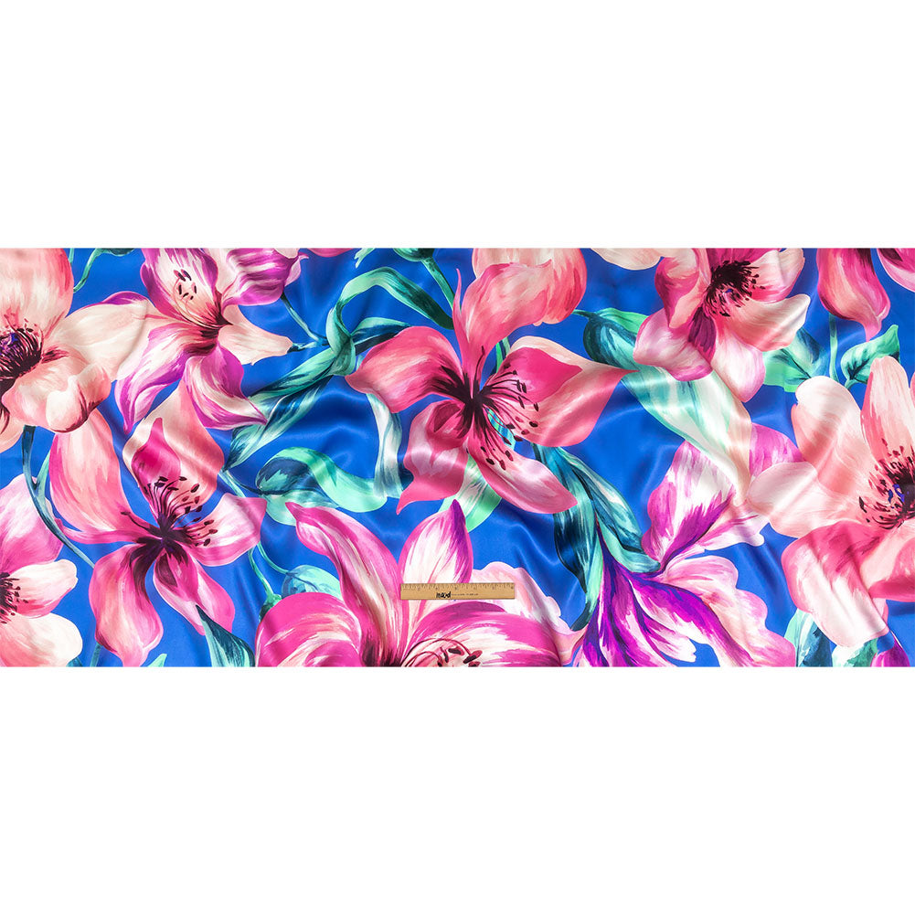 Mood Exclusive Italian Pink, Cascade and Blue Lilies Silk Charmeuse Mood Exclusive Italian Pink, Cascade and Blue Lilies Silk Charmeuse