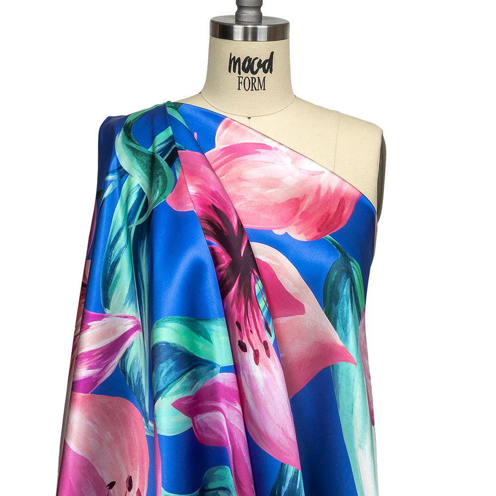 Mood Exclusive Italian Pink, Cascade and Blue Lilies Silk Charmeuse Mood Exclusive Italian Pink, Cascade and Blue Lilies Silk Charmeuse