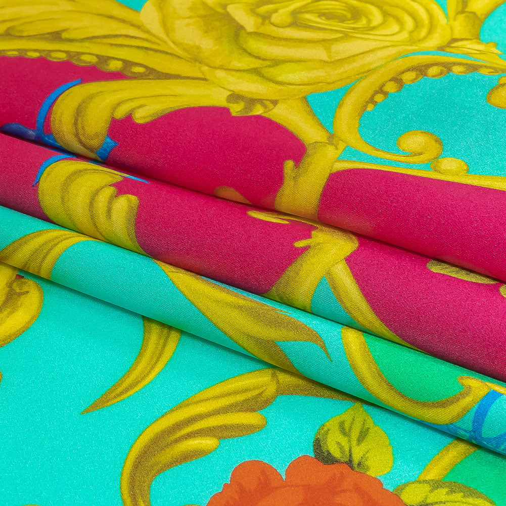Mood Exclusive Italian Aqua, Pink and Gold Rose Filigree Silk Charmeuse Mood Exclusive Italian Aqua, Pink and Gold Rose Filigree Silk Charmeuse