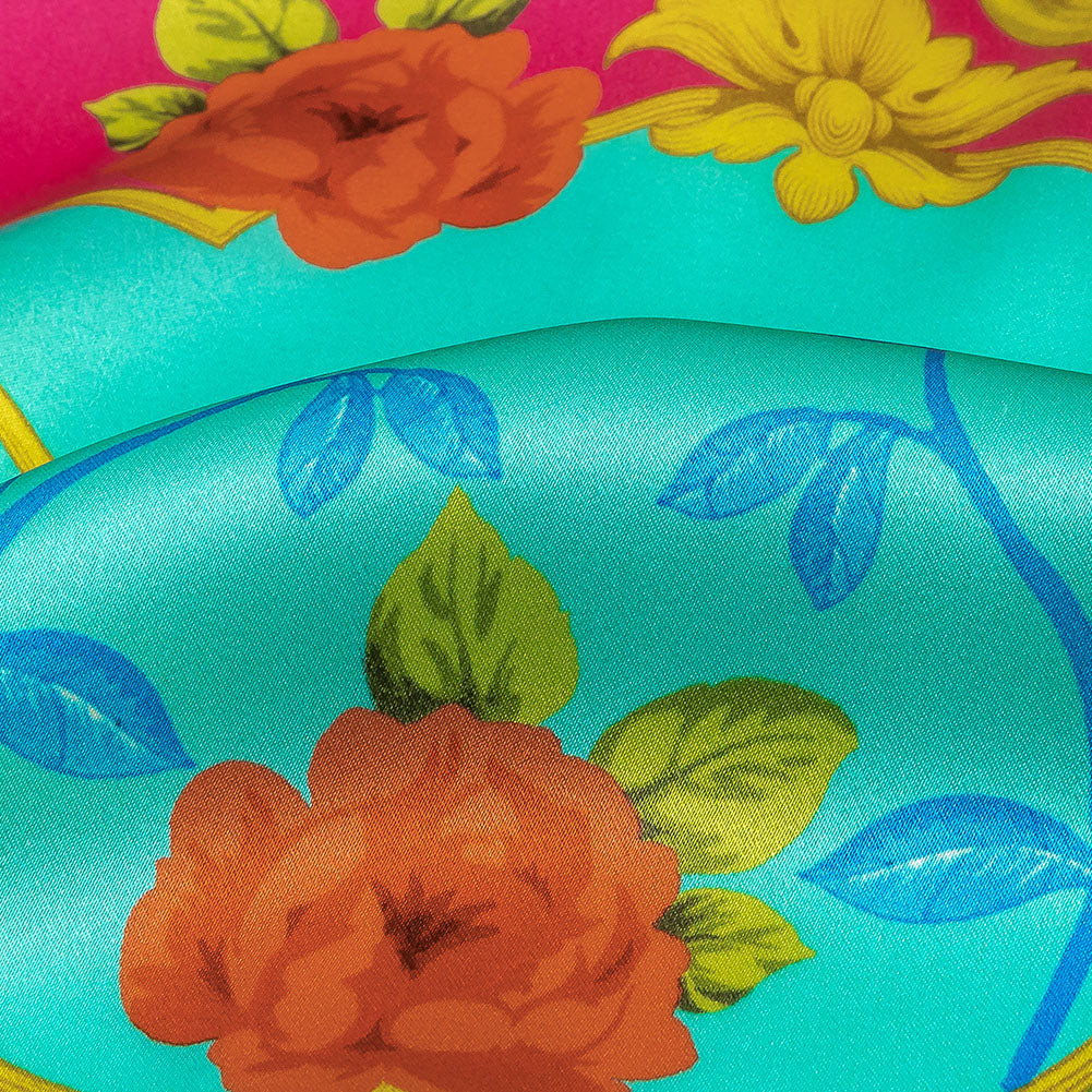 Mood Exclusive Italian Aqua, Pink and Gold Rose Filigree Silk Charmeuse Mood Exclusive Italian Aqua, Pink and Gold Rose Filigree Silk Charmeuse