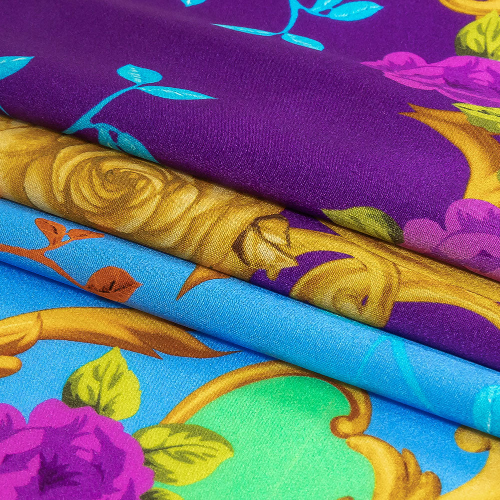 Mood Exclusive Italian Royal Purple, Blue and Gold Rose Filigree Silk Charmeuse Mood Exclusive Italian Royal Purple, Blue and Gold Rose Filigree Silk Charmeuse