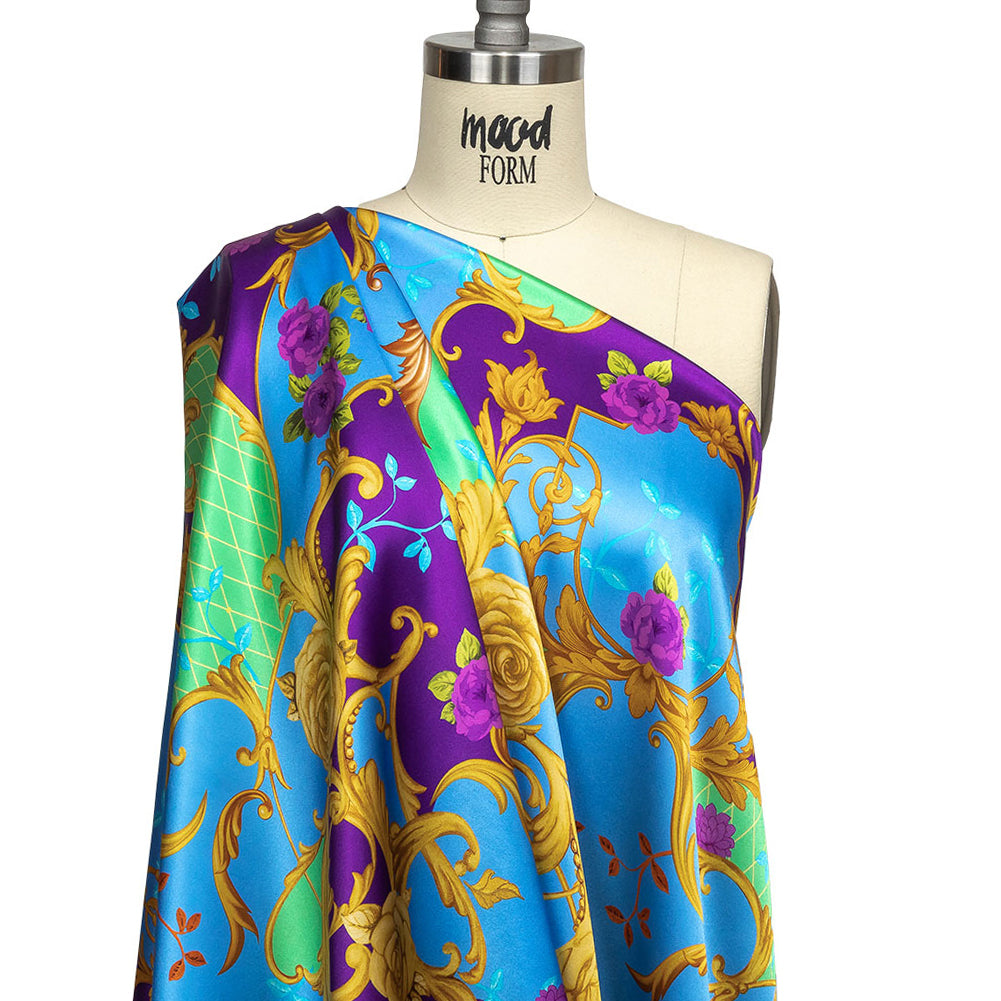 Mood Exclusive Italian Royal Purple, Blue and Gold Rose Filigree Silk Charmeuse Mood Exclusive Italian Royal Purple, Blue and Gold Rose Filigree Silk Charmeuse