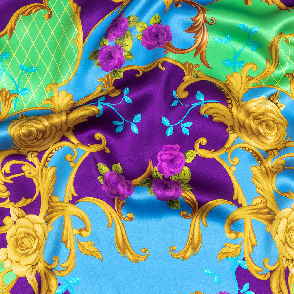 Mood Exclusive Italian Royal Purple, Blue and Gold Rose Filigree Silk Charmeuse Mood Exclusive Italian Royal Purple, Blue and Gold Rose Filigree Silk Charmeuse