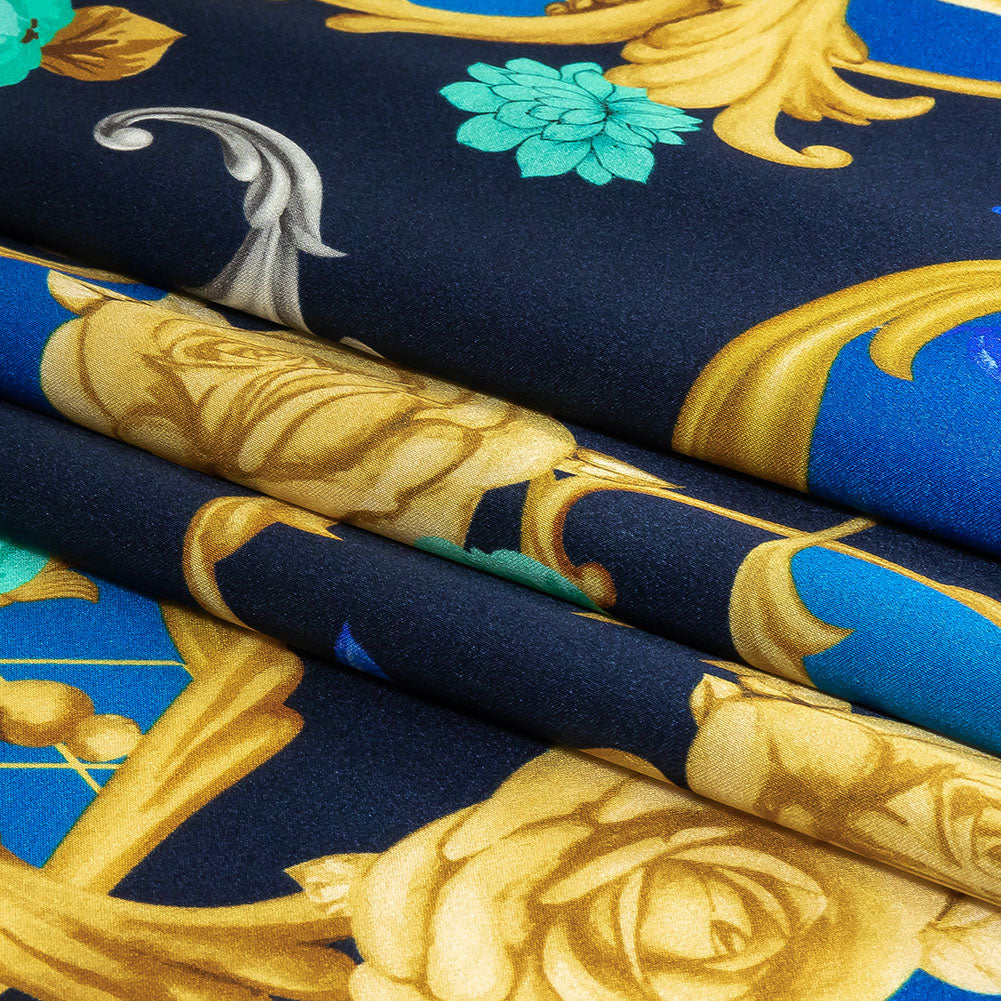 Mood Exclusive Italian Navy, Blue and Gold Rose Filigree Silk Charmeuse Mood Exclusive Italian Navy, Blue and Gold Rose Filigree Silk Charmeuse