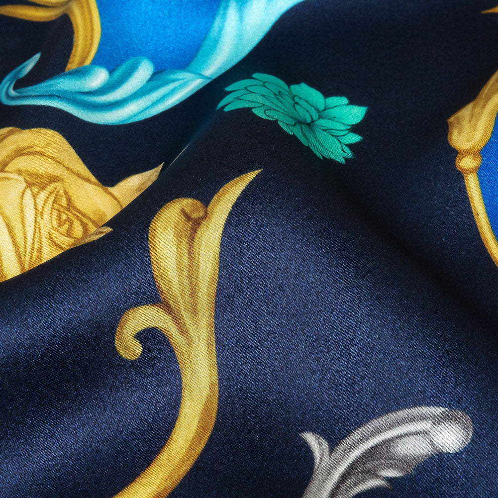 Mood Exclusive Italian Navy, Blue and Gold Rose Filigree Silk Charmeuse Mood Exclusive Italian Navy, Blue and Gold Rose Filigree Silk Charmeuse