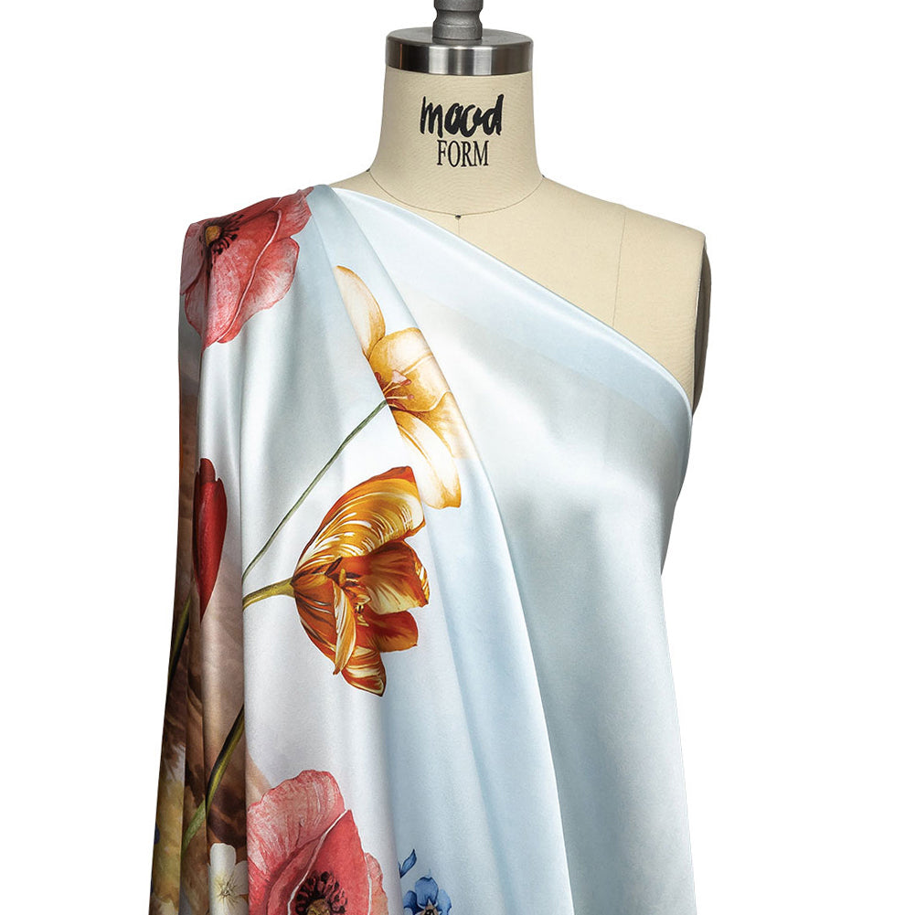 Mood Exclusive Italian Bit of Blue, Olive and Pink Pastoral Floral Border Printed Silk Charmeuse - Drape Mood Exclusive Italian Bit of Blue, Olive and Pink Pastoral Floral Border Printed Silk Charmeuse - Drape