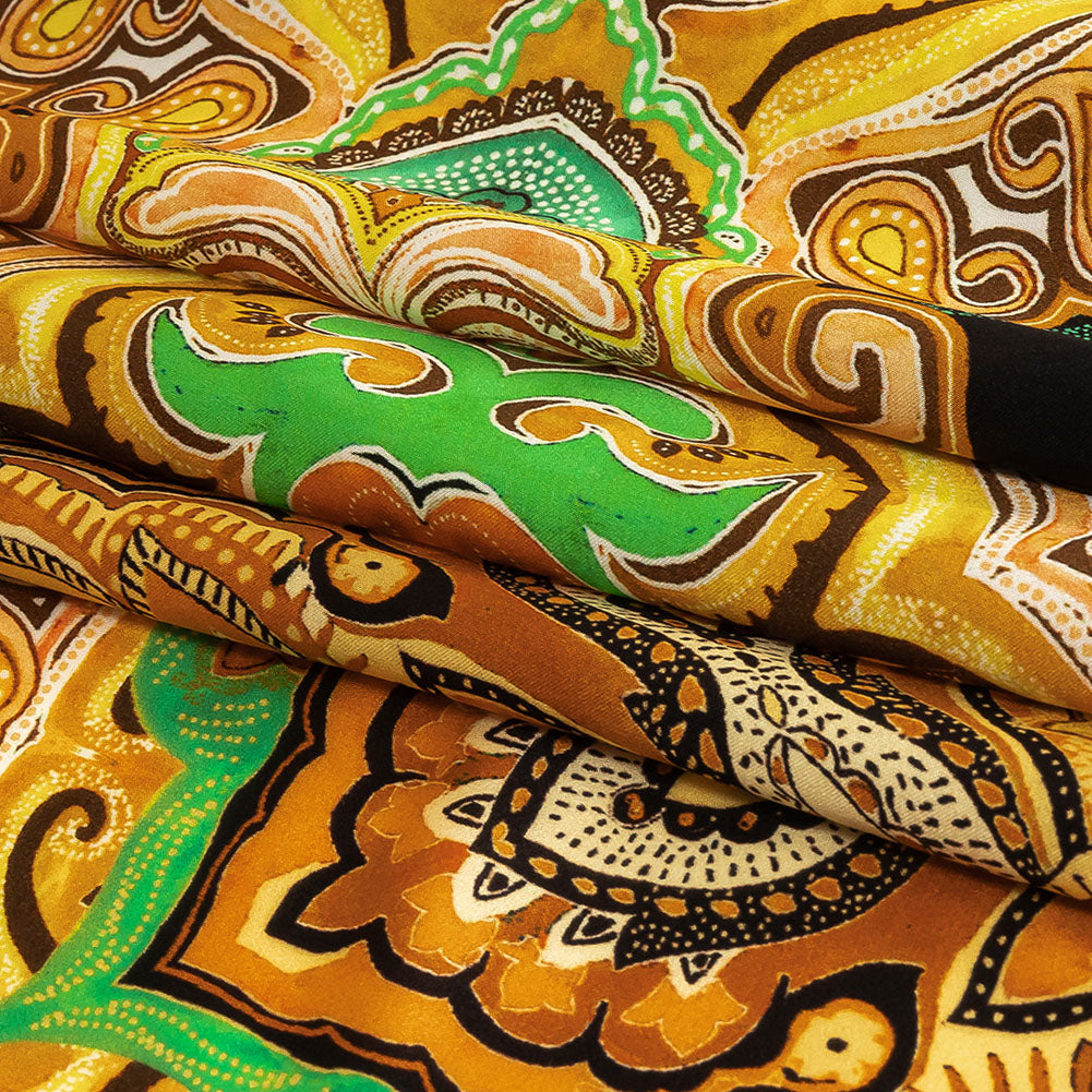 Mood Exclusive Italian Black, Gold and Green Floral Tile Silk Charmeuse - Folded Mood Exclusive Italian Black, Gold and Green Floral Tile Silk Charmeuse - Folded