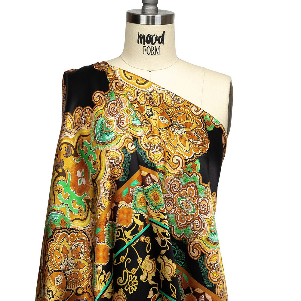 Mood Exclusive Italian Black, Gold and Green Floral Tile Silk Charmeuse - Drape Mood Exclusive Italian Black, Gold and Green Floral Tile Silk Charmeuse - Drape