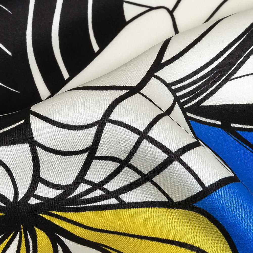 Mood Exclusive Italian Blue, Black and Yellow Art Nouveau Flowers Border Print Silk Charmeuse - Detail Mood Exclusive Italian Blue, Black and Yellow Art Nouveau Flowers Border Print Silk Charmeuse - Detail