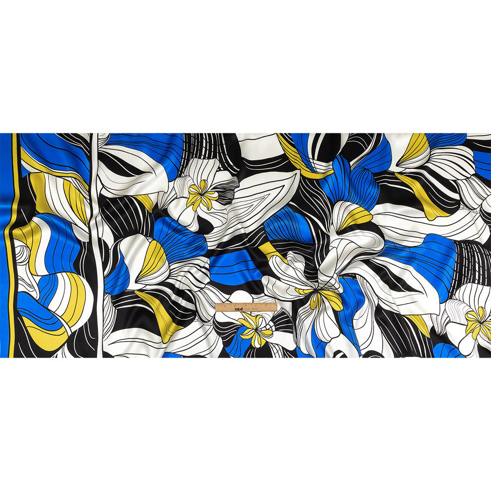 Mood Exclusive Italian Blue, Black and Yellow Art Nouveau Flowers Border Print Silk Charmeuse - Full Mood Exclusive Italian Blue, Black and Yellow Art Nouveau Flowers Border Print Silk Charmeuse - Full