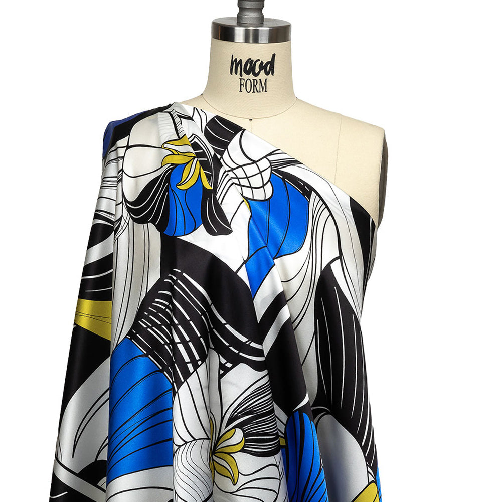 Mood Exclusive Italian Blue, Black and Yellow Art Nouveau Flowers Border Print Silk Charmeuse - Drape Mood Exclusive Italian Blue, Black and Yellow Art Nouveau Flowers Border Print Silk Charmeuse - Drape