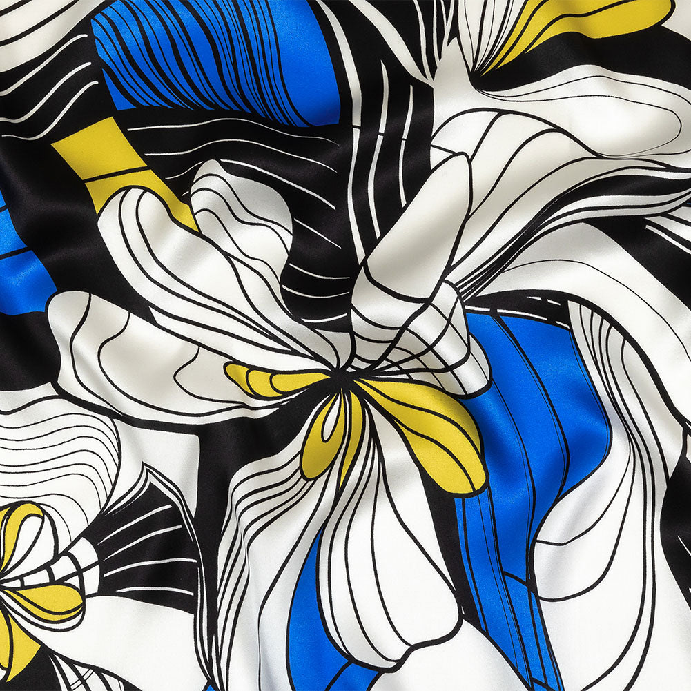 Mood Exclusive Italian Blue, Black and Yellow Art Nouveau Flowers Border Print Silk Charmeuse Mood Exclusive Italian Blue, Black and Yellow Art Nouveau Flowers Border Print Silk Charmeuse