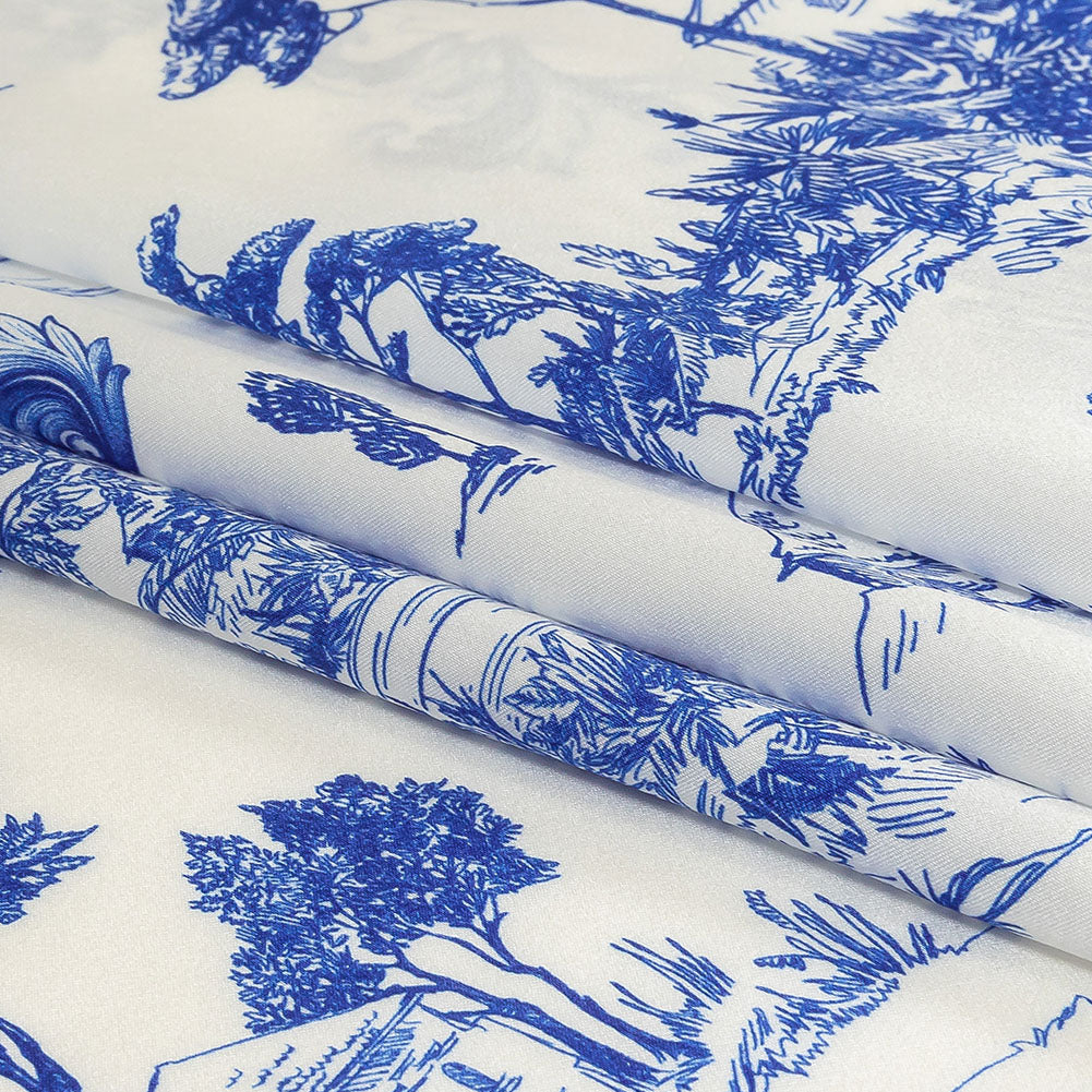 Mood Exclusive Italian Blue and Cloud Dancer Elegant Toile Silk Charmeuse Mood Exclusive Italian Blue and Cloud Dancer Elegant Toile Silk Charmeuse