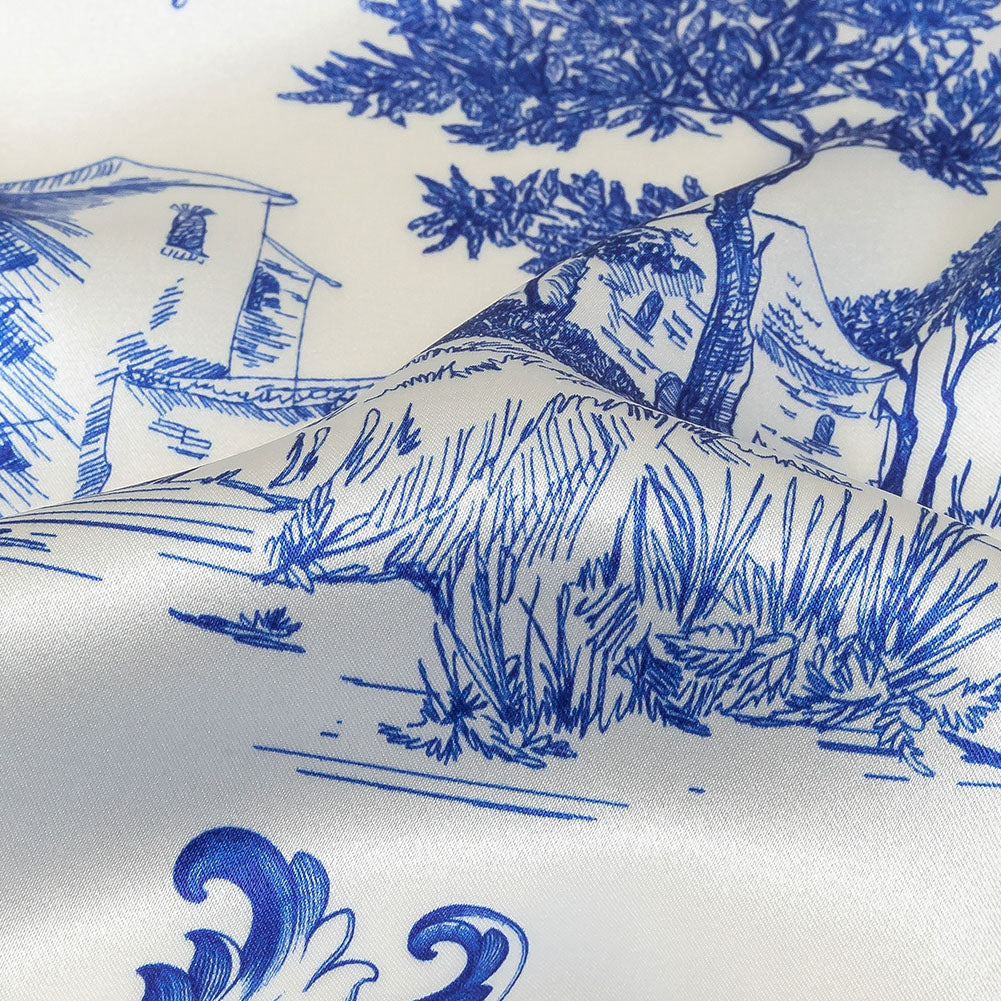 Mood Exclusive Italian Blue and Cloud Dancer Elegant Toile Silk Charmeuse Mood Exclusive Italian Blue and Cloud Dancer Elegant Toile Silk Charmeuse