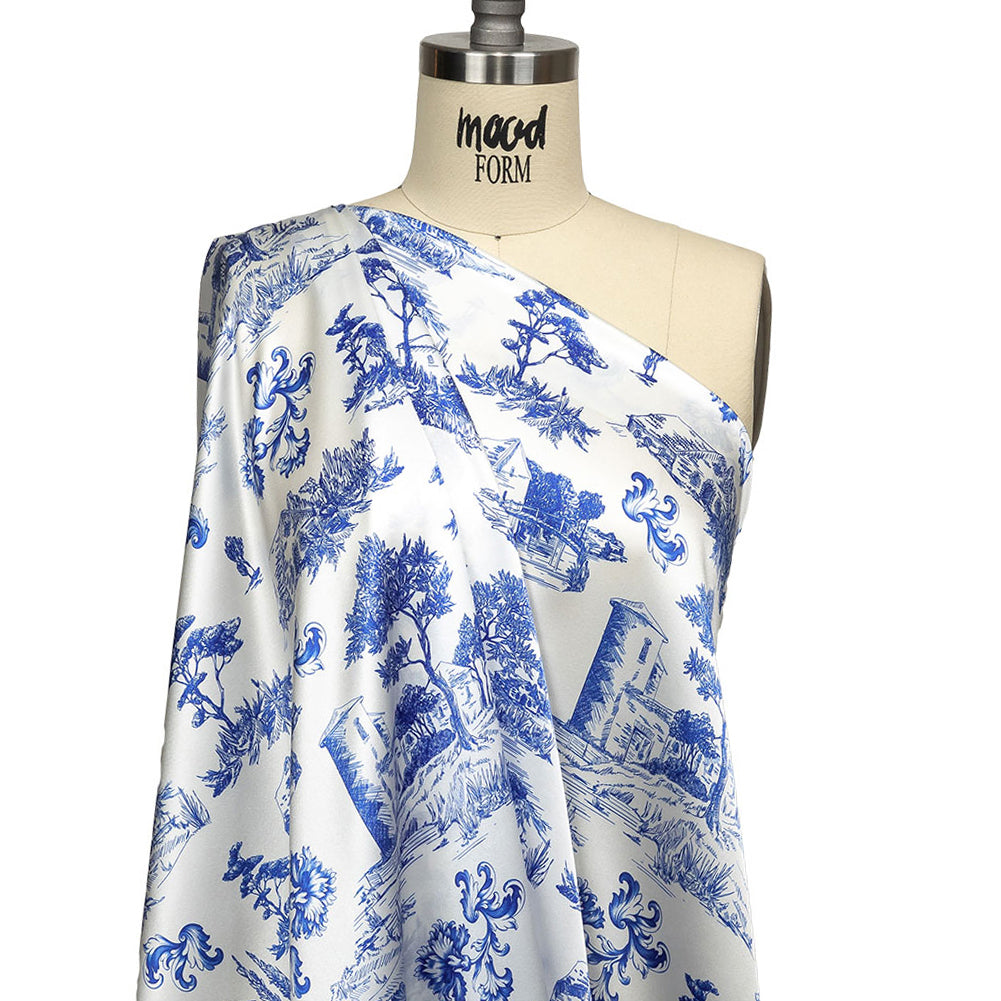 Mood Exclusive Italian Blue and Cloud Dancer Elegant Toile Silk Charmeuse Mood Exclusive Italian Blue and Cloud Dancer Elegant Toile Silk Charmeuse