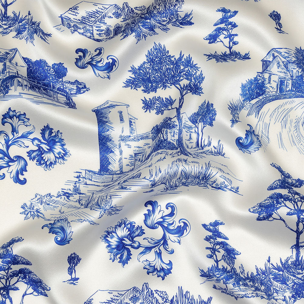 Mood Exclusive Italian Blue and Cloud Dancer Elegant Toile Silk Charmeuse Mood Exclusive Italian Blue and Cloud Dancer Elegant Toile Silk Charmeuse