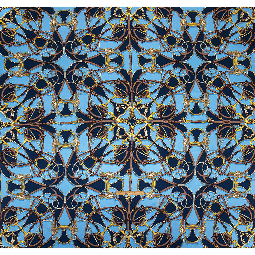Mood Exclusive Italian Blue, Brown and Gold Bridles and Reins Silk Charmeuse Panel - Full Mood Exclusive Italian Blue, Brown and Gold Bridles and Reins Silk Charmeuse Panel - Full