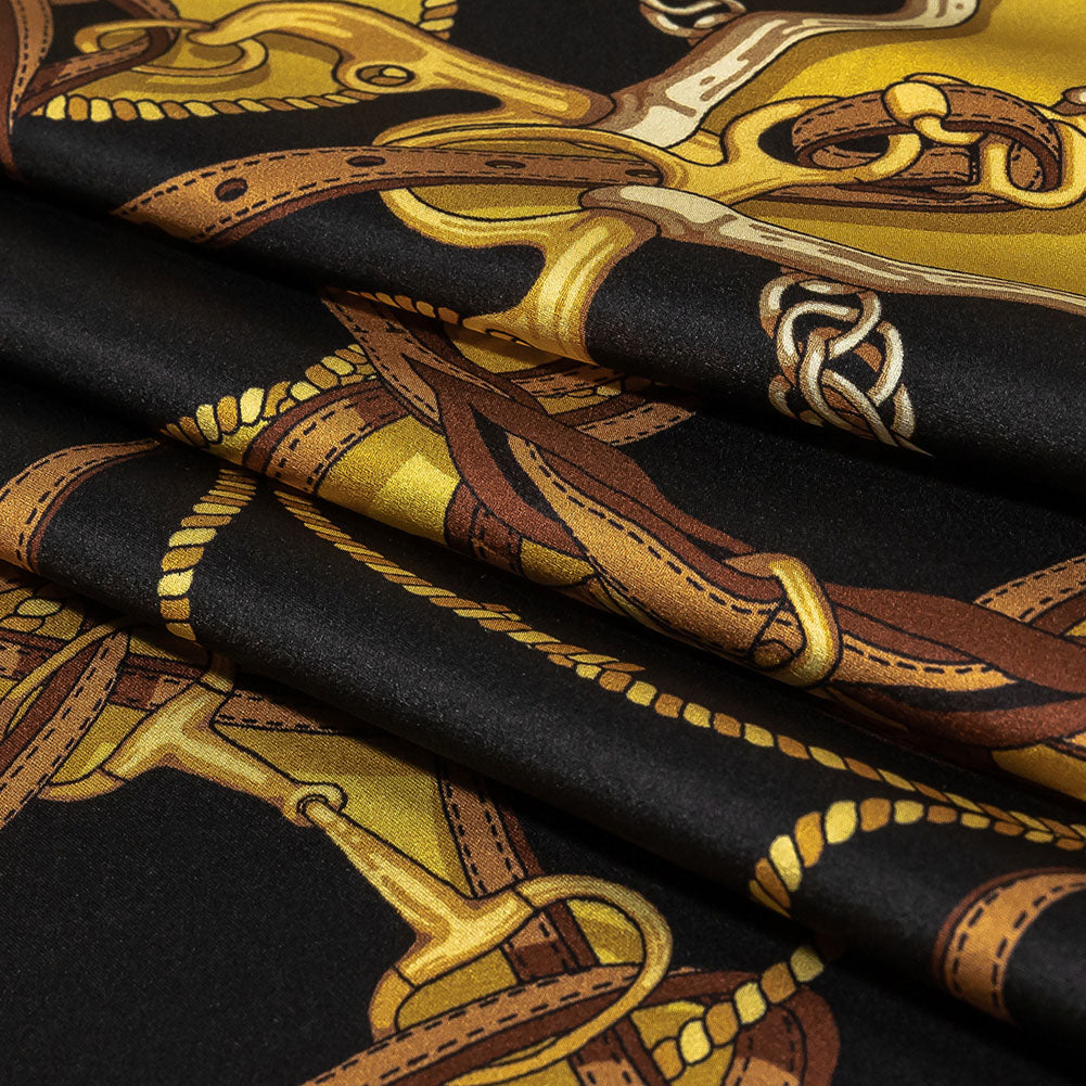 Mood Exclusive Italian Black, Yellow and Brown Bridles and Reins Silk Charmeuse Panel - Folded Mood Exclusive Italian Black, Yellow and Brown Bridles and Reins Silk Charmeuse Panel - Folded