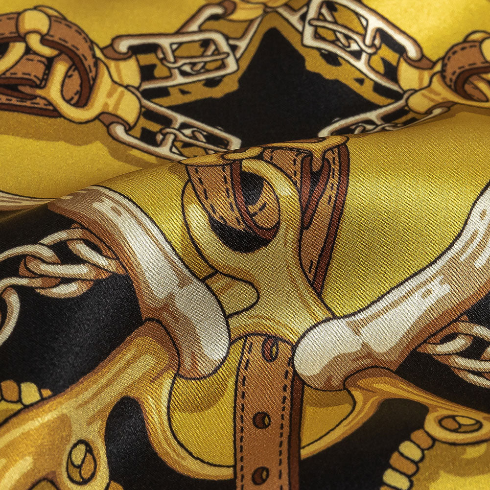 Mood Exclusive Italian Black, Yellow and Brown Bridles and Reins Silk Charmeuse Panel - Detail Mood Exclusive Italian Black, Yellow and Brown Bridles and Reins Silk Charmeuse Panel - Detail