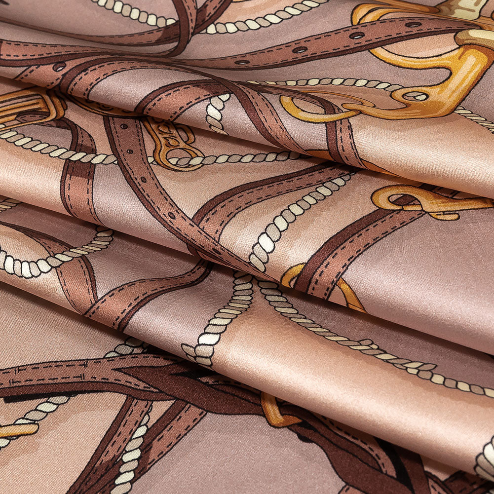 Mood Exclusive Italian Beige, Taupe and Gold Bridles and Reins Silk Charmeuse Panel - Folded Mood Exclusive Italian Beige, Taupe and Gold Bridles and Reins Silk Charmeuse Panel - Folded