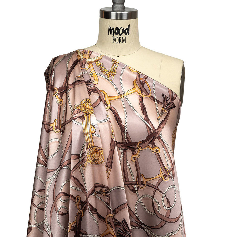 Mood Exclusive Italian Beige, Taupe and Gold Bridles and Reins Silk Charmeuse Panel - Drape Mood Exclusive Italian Beige, Taupe and Gold Bridles and Reins Silk Charmeuse Panel - Drape