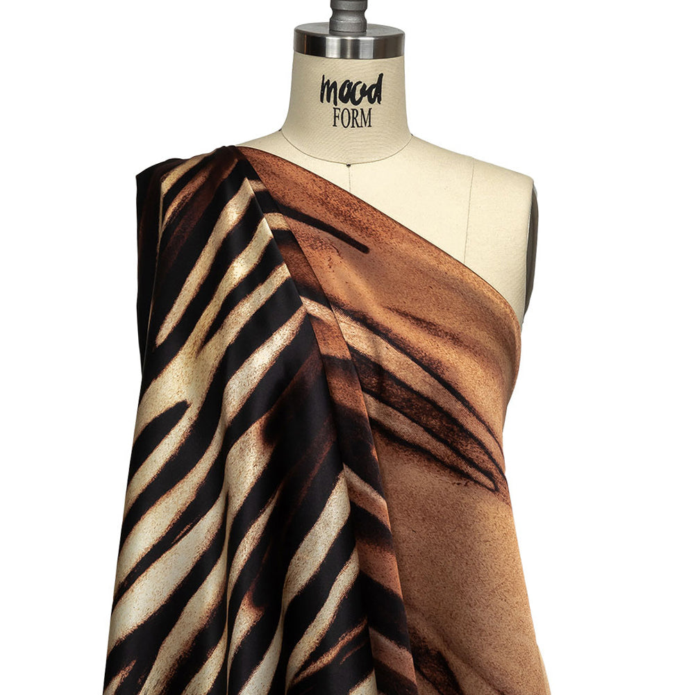Mood Exclusive Italian Black, White and Brown Abstracted Zebra Border Printed Silk Charmeuse - Drape Mood Exclusive Italian Black, White and Brown Abstracted Zebra Border Printed Silk Charmeuse - Drape